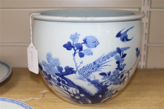 A Chinese blue and white bowl, two plates and two teabowls tallest 17.5cm